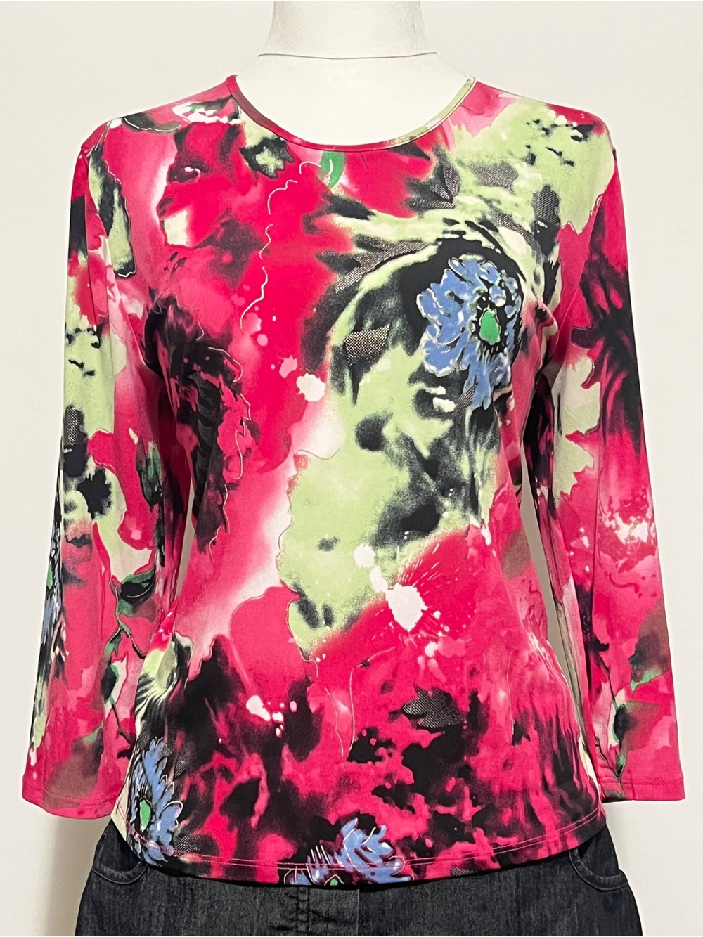 Allison Daley Fuchsia Floral-Print Long Sleeve Scoop Neck Top Y2K